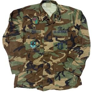Vintage US Air Force Camo Jacket Woodland Large Long BDU Named Captain Patch USA